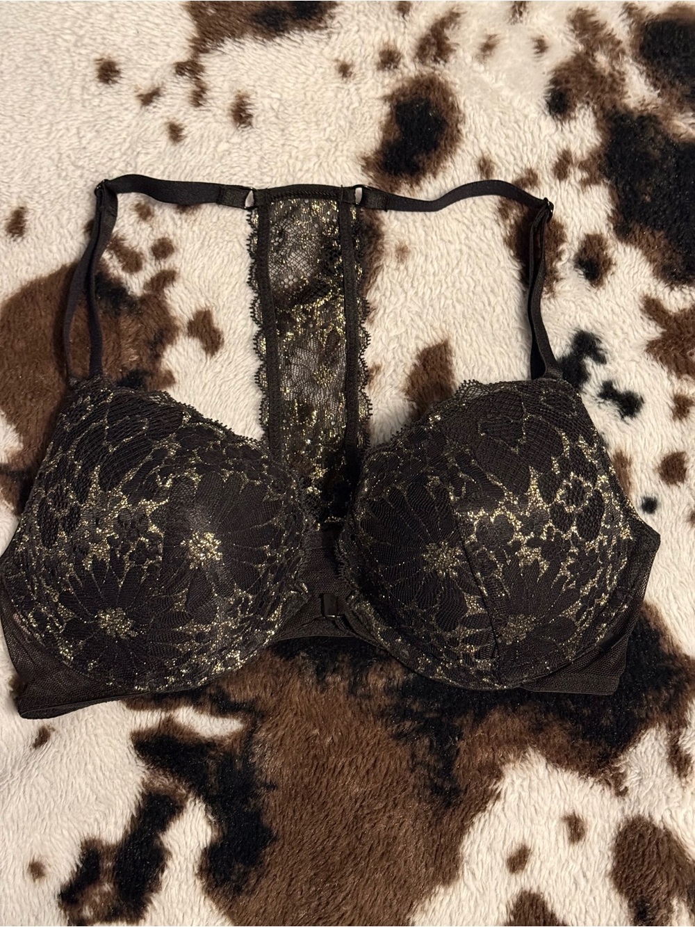 Victoria's Secret Black and Gold Lace Racerback Push-Up Bra